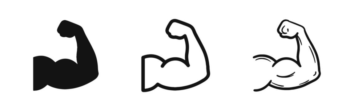 Strong Bicep Muscle Icons Set - Glyph, Outline, and Doodle Styles