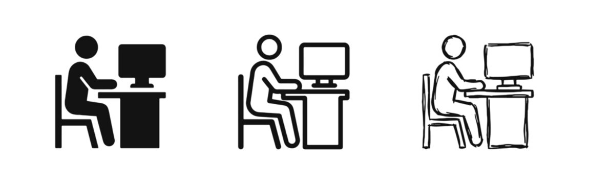 Person Working at Desk with Computer Icon Set for Office Workplace