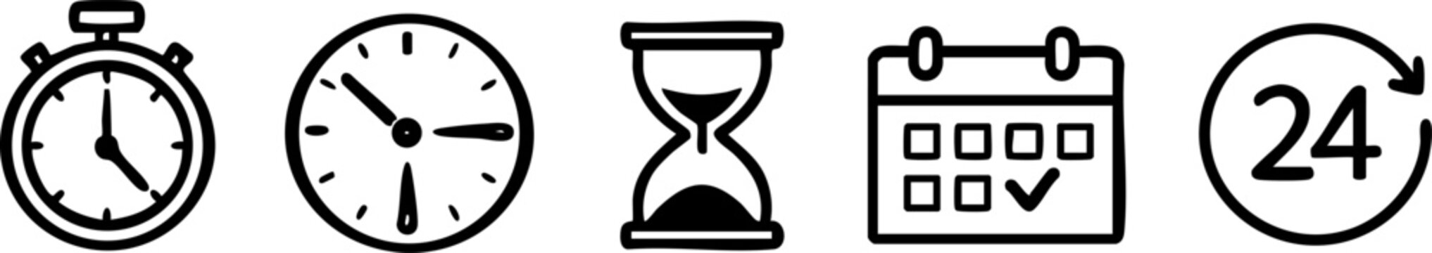 Time and deadline icons: stopwatch clock hourglass calendar 24 hour cycle with round clock deadline stopwatch