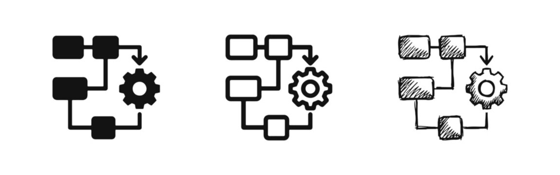 Workflow and process icons showing flowchart diagram with gear for management and technical concepts.