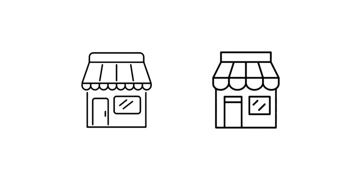 Store front shop icons collection with awning and window for retail business and local commerce building architecture isolated on white background line art.