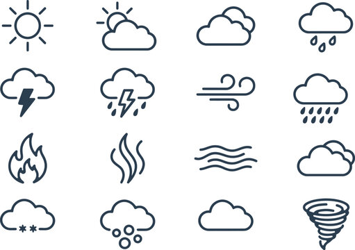 Minimalist weather icon set, 16 thin line vector symbols for meteorology and climate forecasting, black outline atmospheric conditions on white background