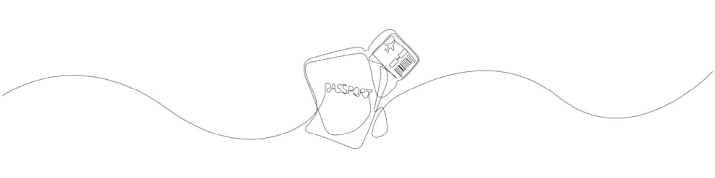 Continuous line art of a passport and airplane boarding pass, one line drawing of travel documents with a minimalist unbroken linear form for international tourism and vacation concepts.