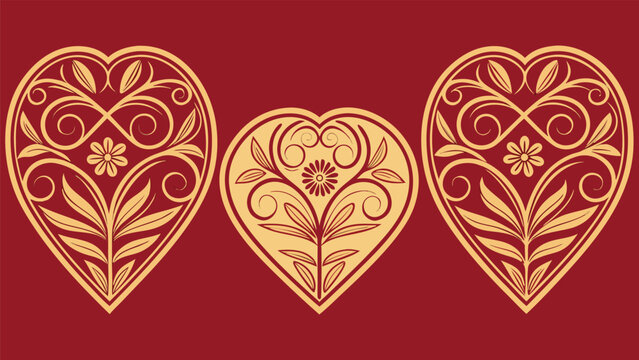 Three ornate gold hearts with floral filigree on deep red background