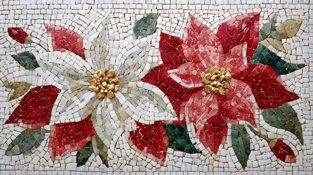 Mosaic artwork of poinsettia flowers red and white tile design high-quality