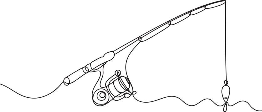 One continuous drawn single art line sketch fishing rod, spinning rod, reel, tackle. one line Icon drawing