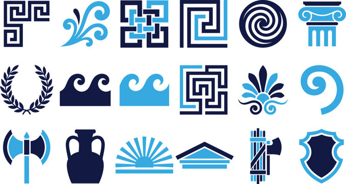 Set of ancient Greek ornamental symbols and decorative elements for design and art projects.