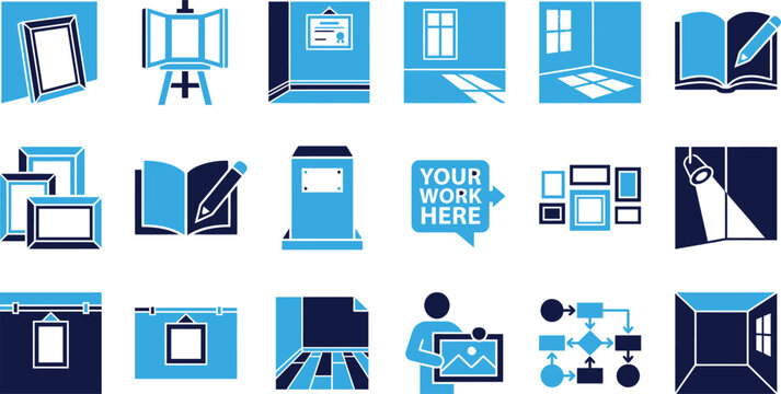 Art gallery and museum icons, frames, and creative workspace elements in blue.