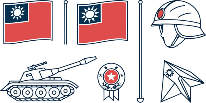Taiwan flag, military tank, combat helmet, and medal minimalist line