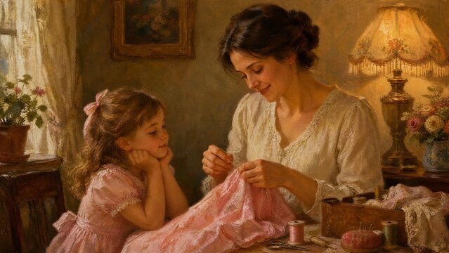 Classic Oil Painting of Mother and Daughter Sewing Together in Cozy Vintage Home