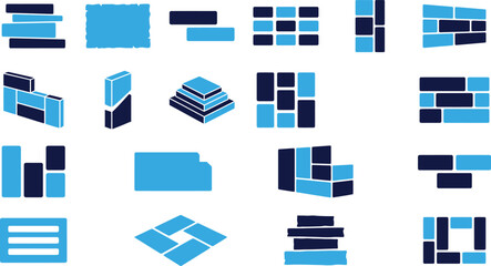 Various blue and navy blue brick and stone wall patterns and blocks on white background. © BM