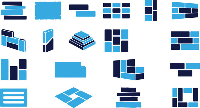 Various blue and navy blue brick and stone wall patterns and blocks on white background.