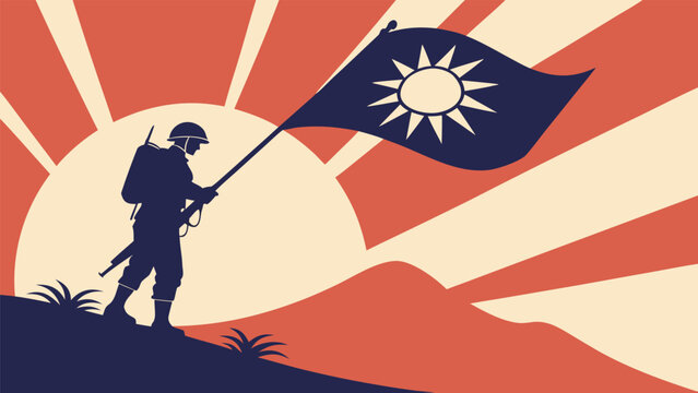 Silhouette of a soldier holding a taiwan flag against a sunburst background