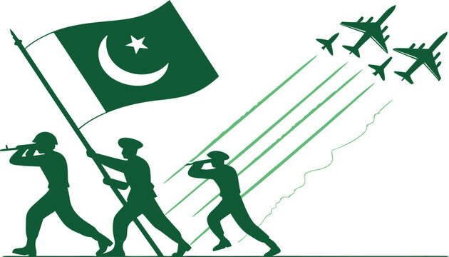 Pakistani soldiers raising national flag with jet fighter flypast silhouette
