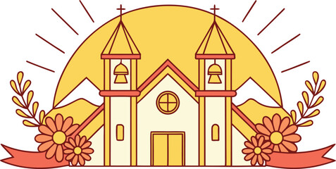 Obraz premium Church with two bell towers, mountains, and floral ribbon emblem