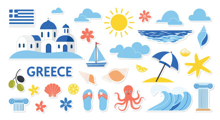 Naklejka premium iconic Greek summer elements including the national flag, white and blue island architecture, sailboat, beach umbrella, octopus, flip-flops, olives, and waves arranged around the word 