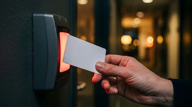 Access control a hand swiping a white card at an electronic door reader system