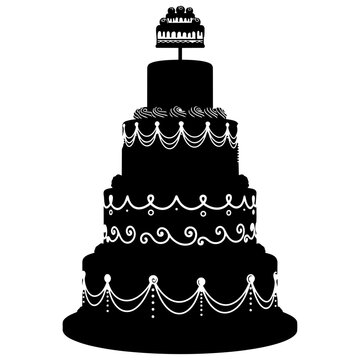 Elegant black tiered wedding cake with white decorative trim isolated on transparent background, Vector