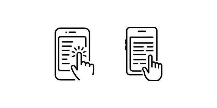 Mobile phone screen with interactive hand touch gesture icon set for user interface navigation app interaction and digital device control simple symbols.