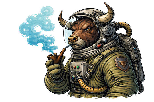 Contemplative Bull Astronaut Smoking a Pipe in an Olive Green Spacesuit, Isolated on a Transparent Background for Creative Concepts, Sci Fi Illustrations, and Character Design Projects.