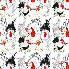 Seamless pattern of cute cartoon chicken rooster and hen with white feathers and red comb for fabric wallpaper and wrapping paper design background. © ILovePhoto_TH