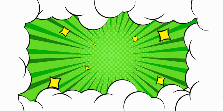 Pop art comic book strip cover design. Explosion, isolated retro style comics radial green background. Halftone colored background frame.