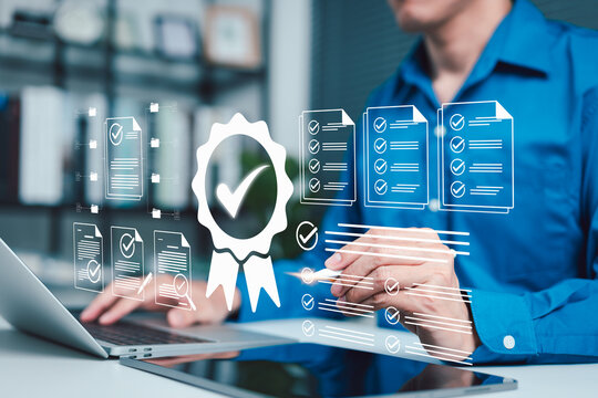Quality assurance compliance concept, professional reviewing digital documents with check marks, approval badge, checklist forms, audit workflow, verification, standard control, business certification