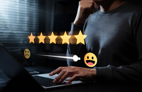 Five star customer satisfaction and happy feedback concept. User working on laptop with emoji slider rating, positive review, service quality, client experience, loyalty, trust, and online evaluation.