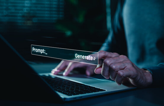 AI generative prompt engineering concept. hand pressing generate button on virtual interface to represent artificial intelligence smart technology, innovation, automation tool, content creation,