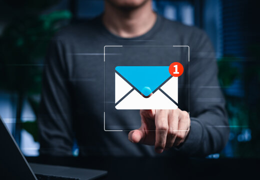 Email notification and digital communication concept. User pressing virtual envelope alert with unread message badge, online inbox, business contact, newsletter, customer support, internet technology
