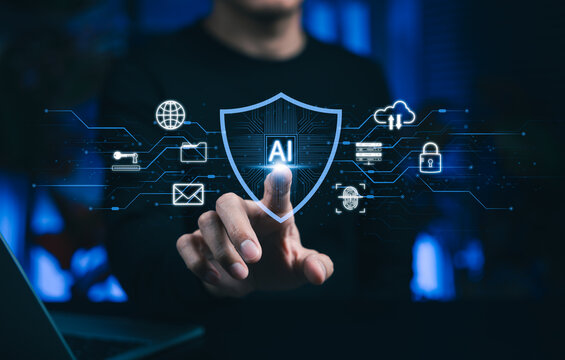 AI cybersecurity protection concept. Person touching virtual AI shield on digital network, with lock, cloud, email, biometric, and server icons for data privacy, threat prevention, secure technology