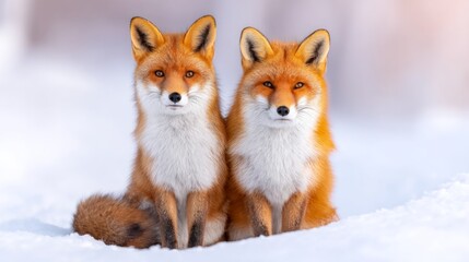 Naklejka premium Two Red Foxes Sitting Together on a Snow-Covered Landscape