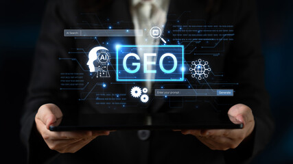 Naklejka premium Digital marketing concept featuring GEO strategy. Generative AI search visual shows GEO interface integrating intelligence, logic, and AI input system for prompt tasks. Corpus
