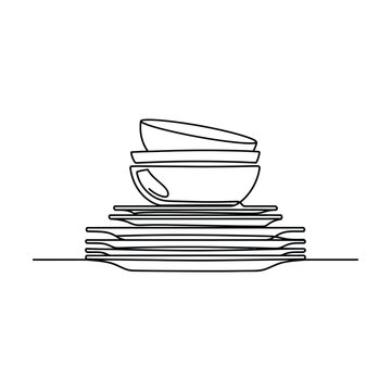 Stack of clean ceramic dinner plates and bowls line art vector illustration for kitchenware and dining