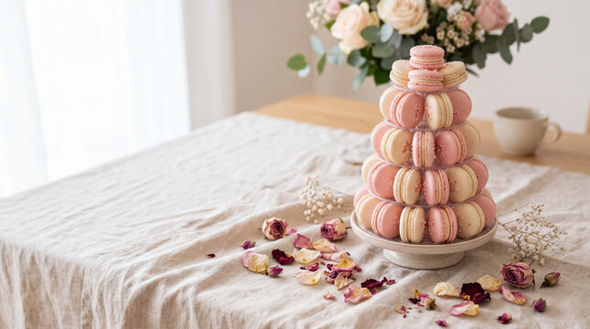 A tower of delicate, colorful macarons alongside a bouquet of flowers on a table, creating a delightful and elegant setting.