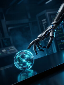 A robotic arm delicately touches a glowing orb, symbolizing innovation and technology