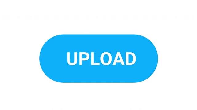 Hand cursor clicking upload button with animated arrows moving up. Data transfer or cloud upload process on white background