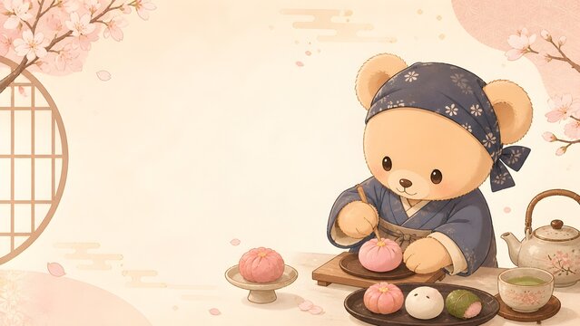 和菓子を作る可愛いクマのイラスト 桜と春の背景素材 コピースペースあり