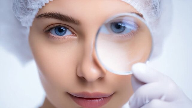 Magnifying Gaze: Close-up of a scientist in a cleanroom, peering intently through a magnifying glass, revealing focused study and the pursuit of knowledge.
