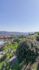 Obraz premium Aerial drone view Florence Lungarni Arno River banks with historic buildings colorful facades Ponte Vecchio and Tuscan cityscape