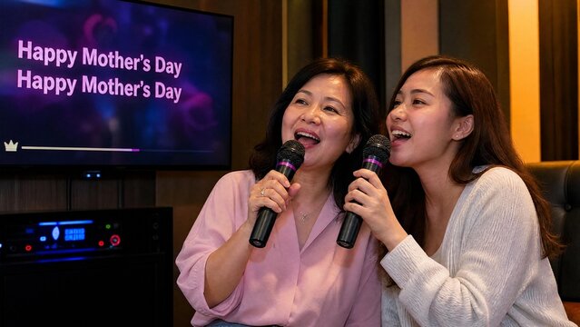 Happy Asian Mother and Adult Daughter Singing Karaoke Together to Celebrate Mother's Day at Home