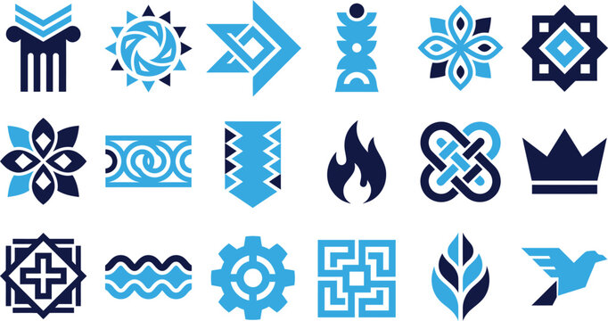 Variety of abstract geometric and symbolic emblems and icons in blue and navy colors.