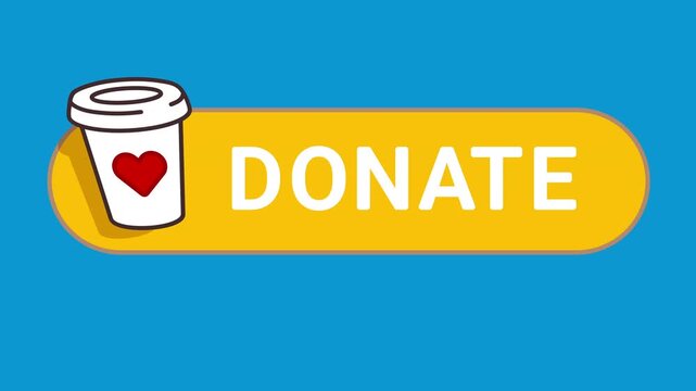 Hand cursor clicking donate button with coffee cup icon. Cup shakes and heart turns red on blue screen chroma key background