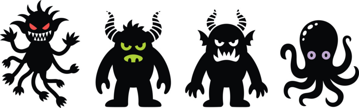 Set of four black monster silhouettes featuring a multi-armed creature, two horned beasts with sharp teeth, and a tentacled octopus-like character on a white background