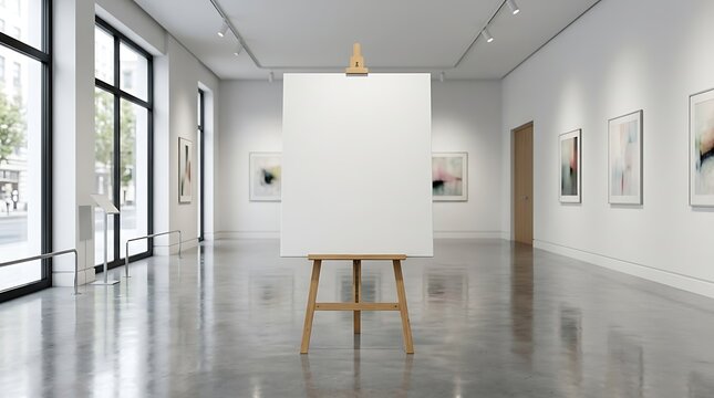 Empty white canvas on wooden easel in modern art gallery interior with abstract paintings on walls and polished concrete floor