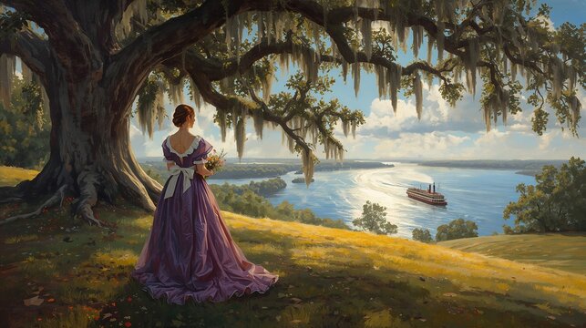 Southern Belle Under Ancient Oak Watching Mississippi River Steamboat at Sunset