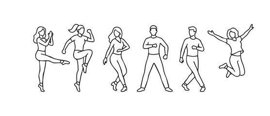 Obraz premium People Dancing Characters Set, Diverse Group Performing Energetic Moves, Minimalist Line Art Style for Fitness, Party, Health, Joyful Social Activity, Happy Lifestyle Concept, Vector Illustration Coll