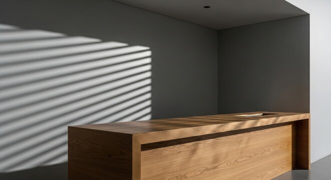 Modern interior design featuring wooden furniture and striking light and shadow play