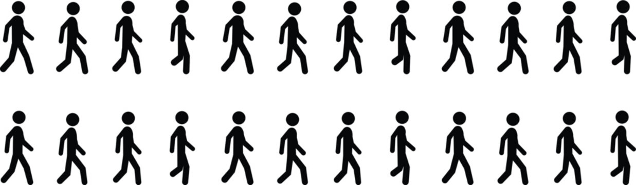 Stickman walking sequence icon set with step variations, Human figure movement progression silhouettes, Walking cycle animation collection