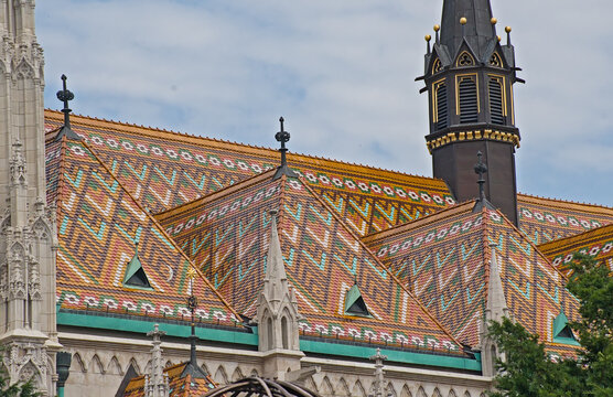 Detail of the ornate gothic roof of the Matthias Church of the Assumption of the Buda Castle. Budapest, Hungar